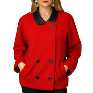 Vintage 80s Women's Medium Red Wool Jacket Black Leather Collar Power Shoulder